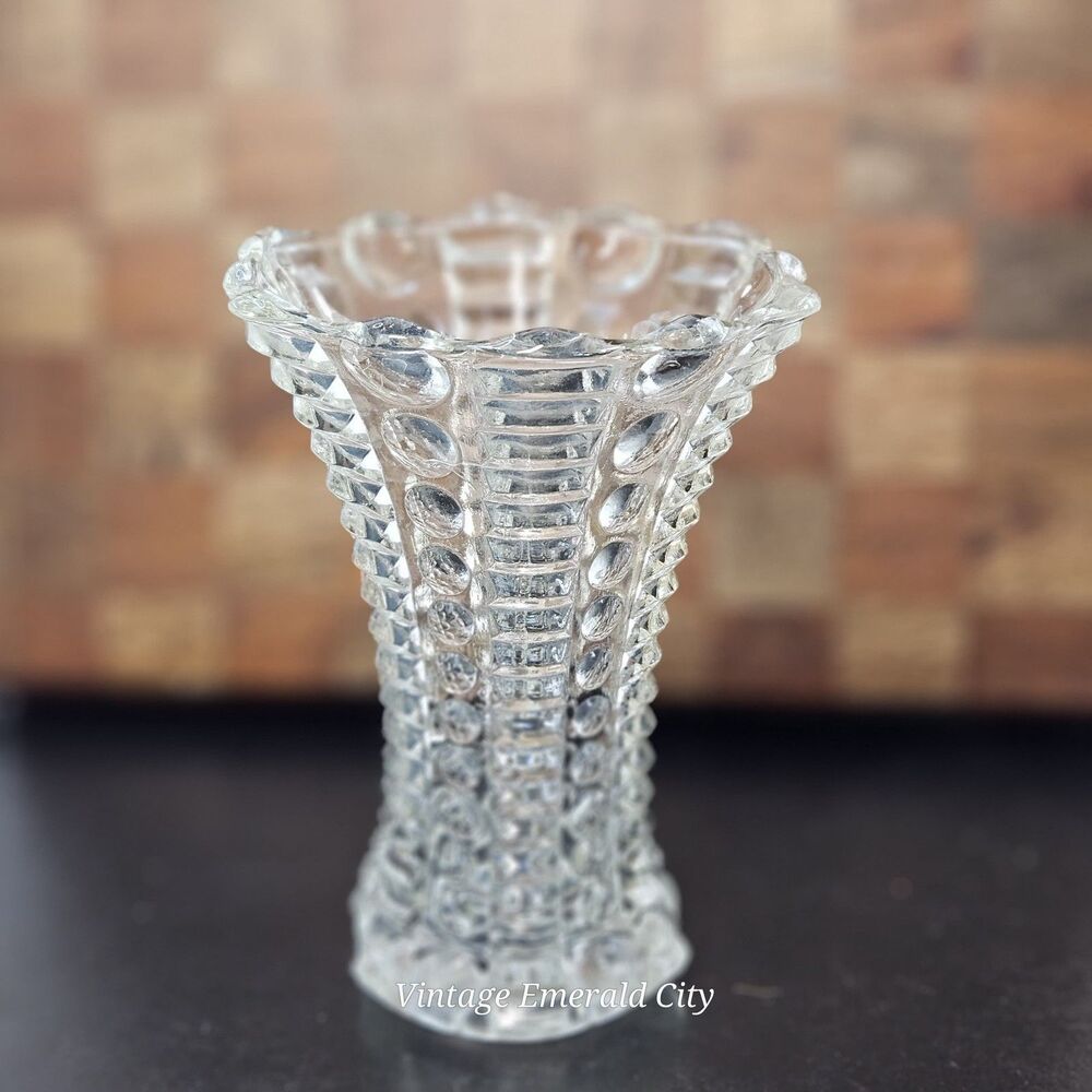 Vtg Indiana Clear Glass Bud Vase Art Deco dot dash Textured Scalloped Mayflower